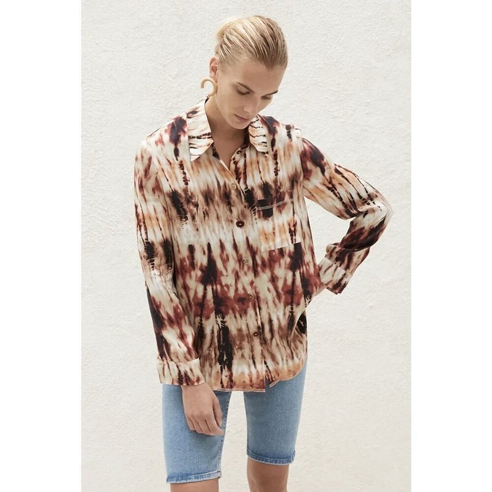 Nanushka Celes Cupro Tie Dye Button Down Shirt Abstract Brown Size Small